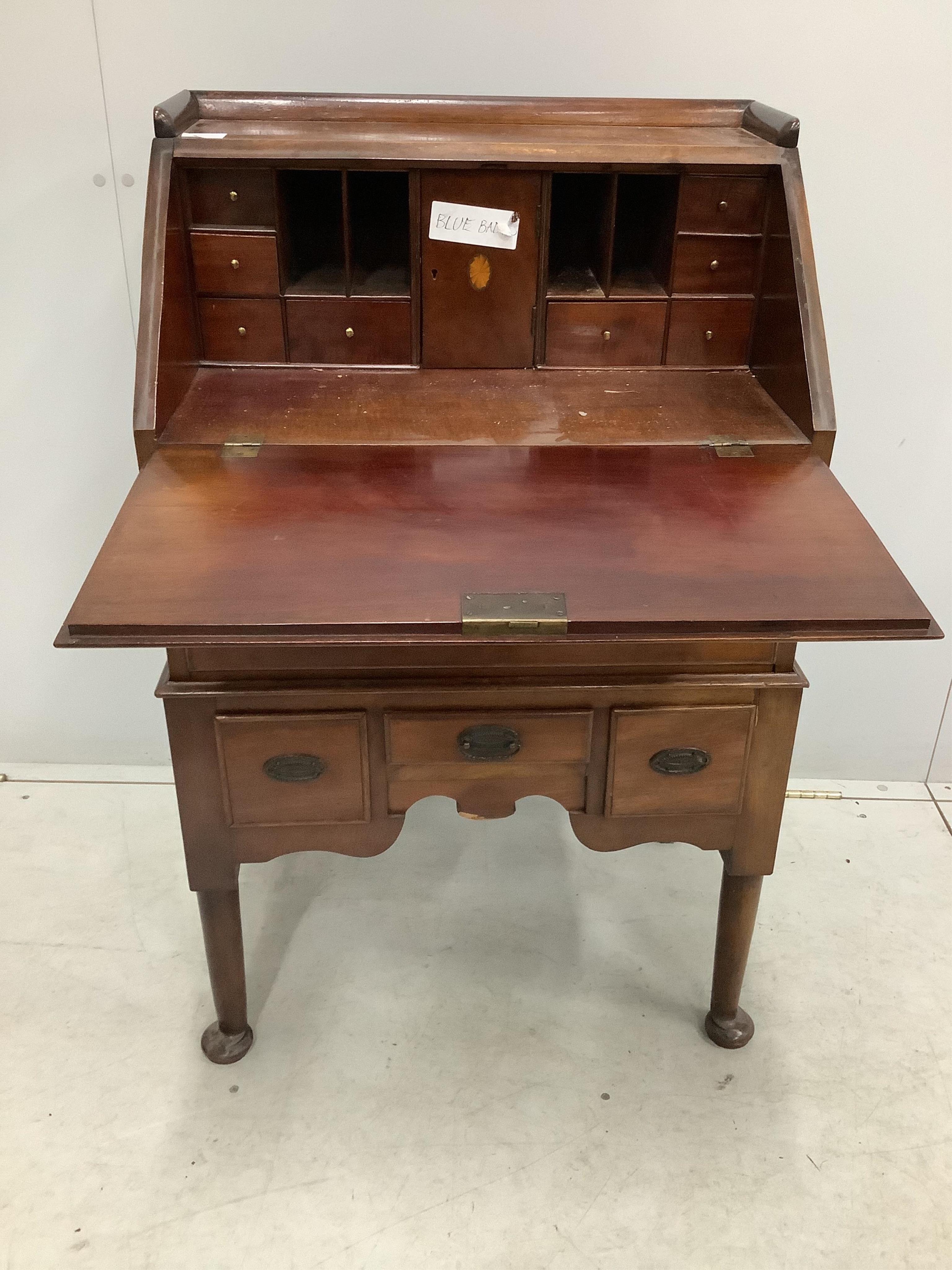 A small early 20th century George III style mahogany bureau, width 63cm, depth 42cm, height 102cm. Condition - fair